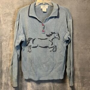 Sportif Millers Equestrian Horse Knit Sweater Blue‎ Henley Ramie Cotton Small